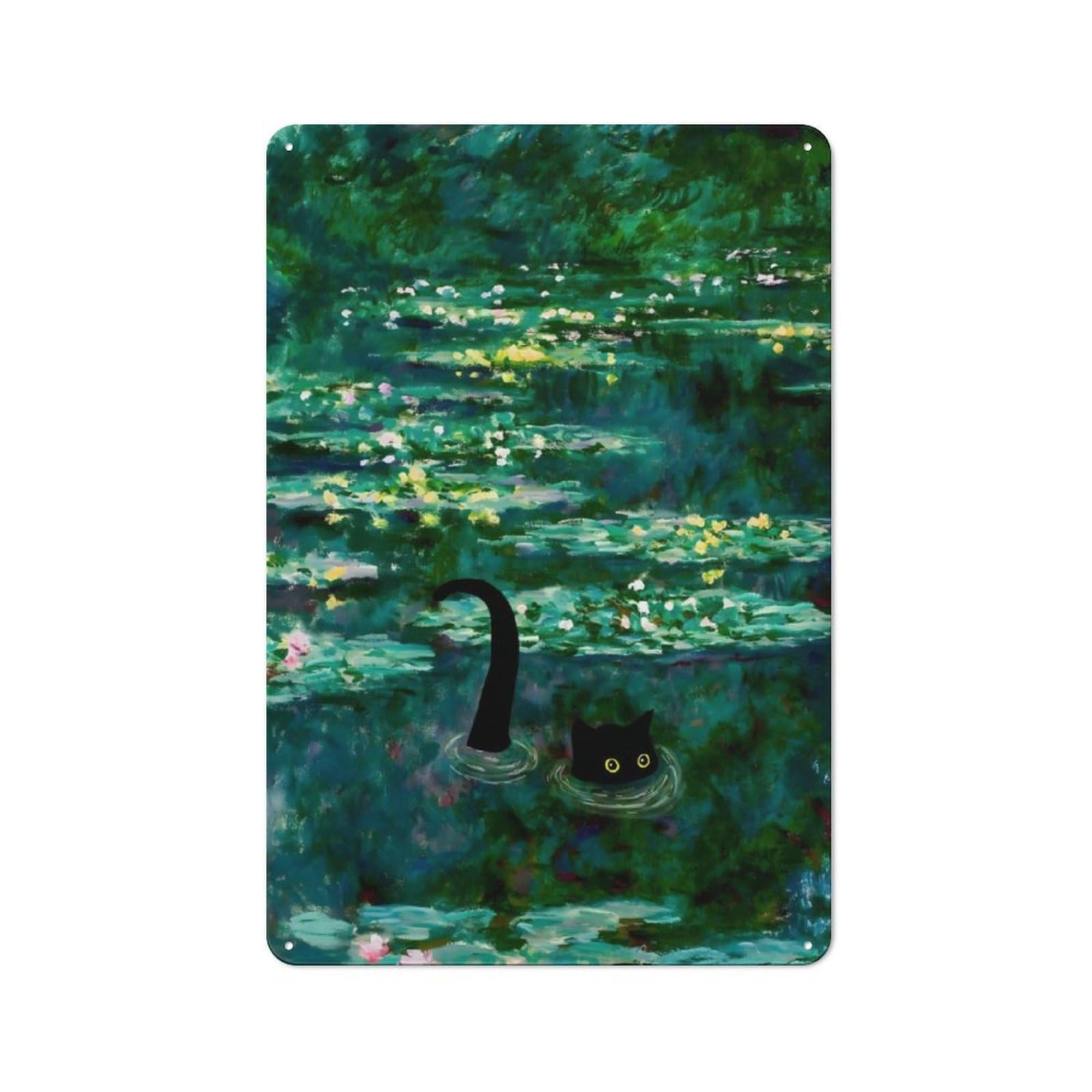 Junmoney Monet Waterlilies Cat Metal Plaque 30X20cm With For Pub Or Café, Rustic Decor, For Garage, Workshop And Man Cave Decoration