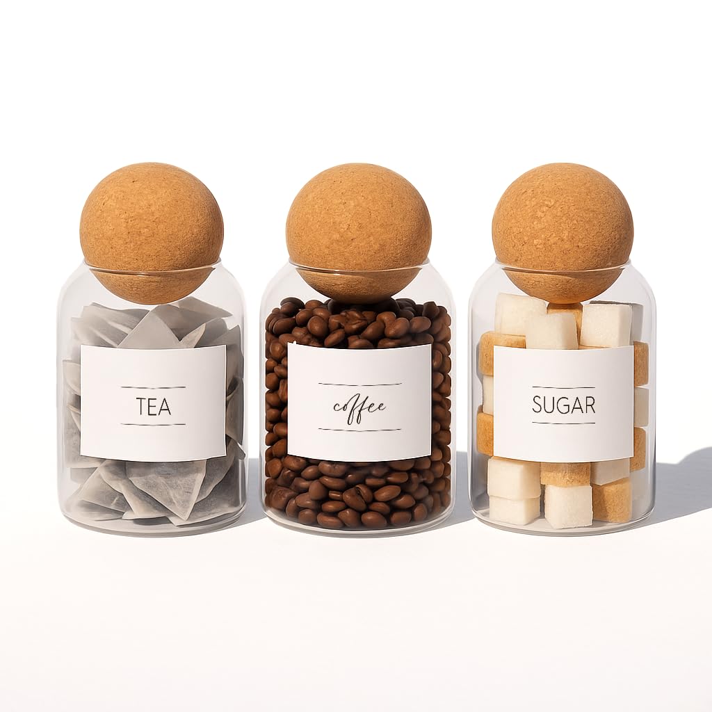 Argon Tableware Ensemble de 3 petits pots à thé, café et sucre avec couvercles en liège et étiquettes autocollantes - Boîte à biscuits et pots à bonbons en verre moderne avec couvercle en bois