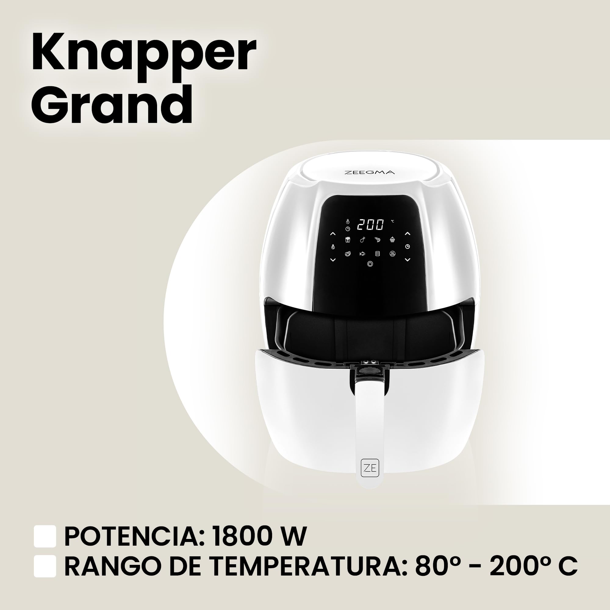ZEEGMA Knapper Grand freidora sin aceite, freidora de aire 1800W, temperatura 60-200 °C, tiempo de calentamiento 60s, cesta capacidad 6L, revestimiento de teflón, 9 programas, apta para lavavajillas