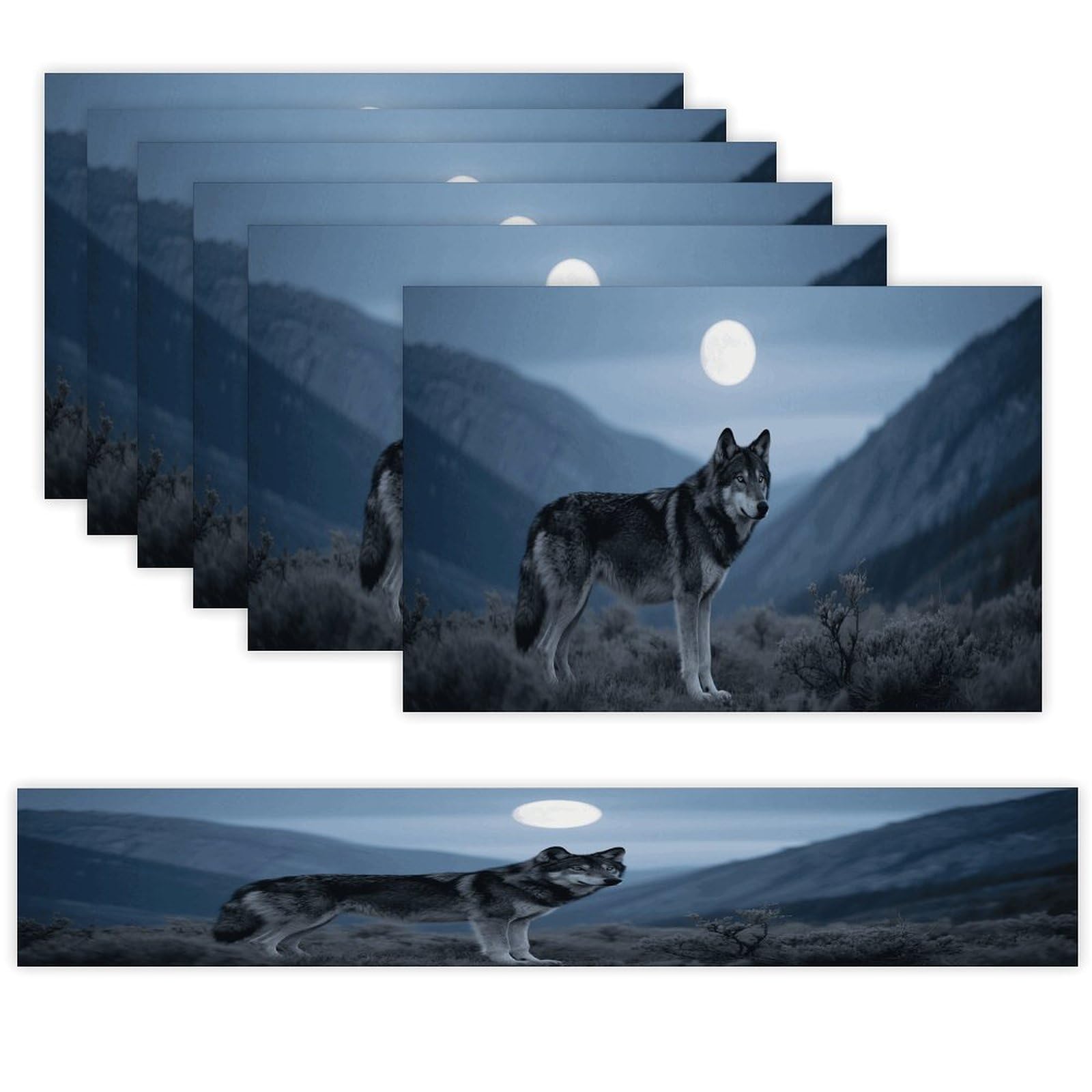 Cool Wolf Table Runner and Placemats Set of 7 Linen Table Mat Non-Slip Place Mats Washable Placemat Heat Resistant Place Mat with Table Runner for Party Dining Decor