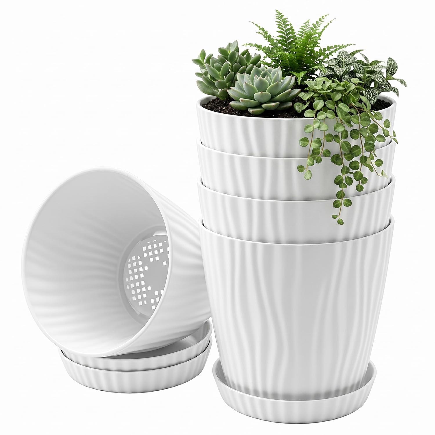 QWORK® 5 Pack Plastic Plant Pots 15cm with Tray – Modern Wavy Textured Flower Pots with Drainage Holes for Windowsill, Office & Garden