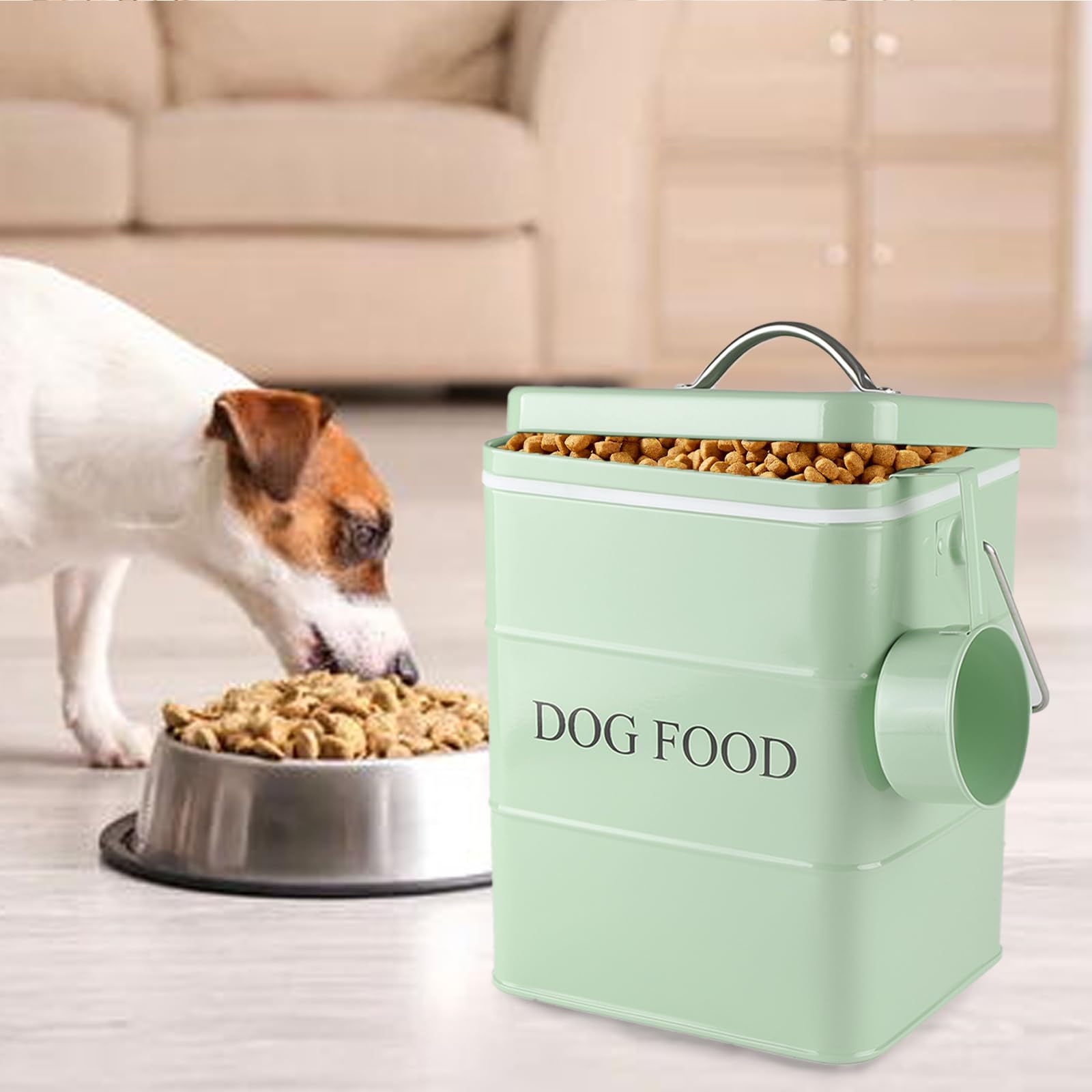 Geyecete-Contenitori Cibo Cane,Contenitori per alimenti per animali domestici,Contenitore crocchette Cani,in acciaio al carbonio rivestito,con coperchio e cucchiaio,Capacità 6L-verde