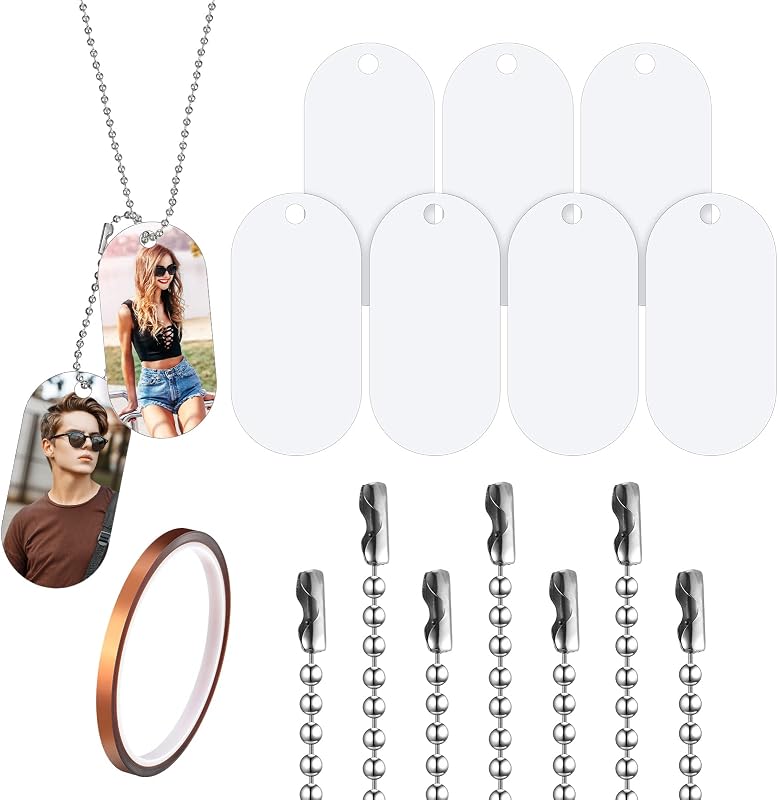 Tag de Alumínio Branco para Cães Personalizável por Sublimação Hicarer com Corrente e Fita Térmica — Pacote com 50