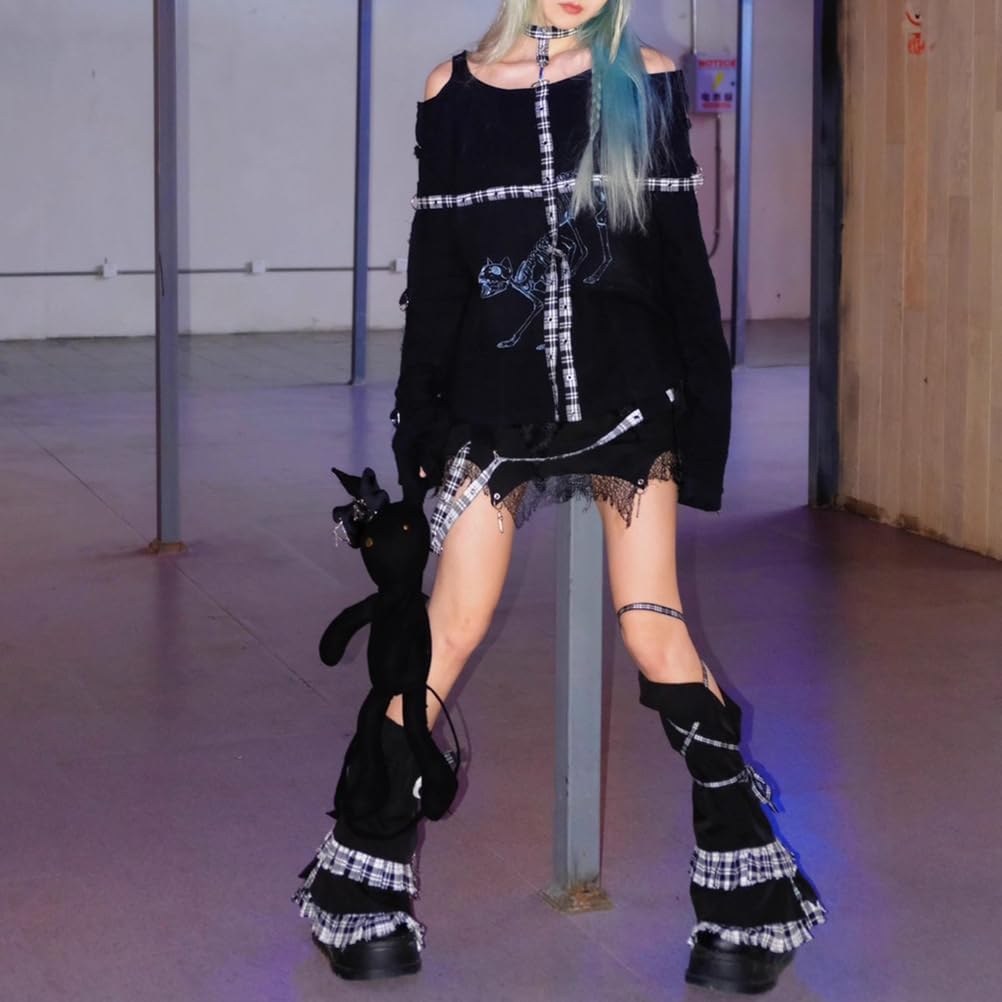 Leg Warmers for Women Girls Black and White Plaid Y2K Ruffle Harajuku Lace-Up Leg Sleeve Loose High Socks