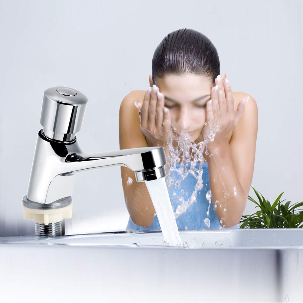 KSTE Grifo Lavabo, grifo del fregadero que ahorra agua, de cierre automático, chapado en cromo, para lavabo moderno y cocina pública con retardo de tiempo