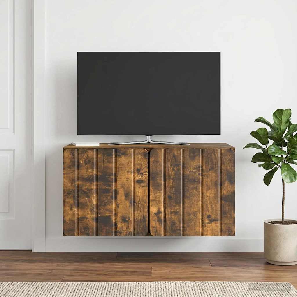 Hothingwell TV-Wandschrank, 59,5 x 31 x 30 cm, Eichenrauch, Holz | Drehtüren 90°, minimalistisches Design, platzsparend, feuchtes Tuch