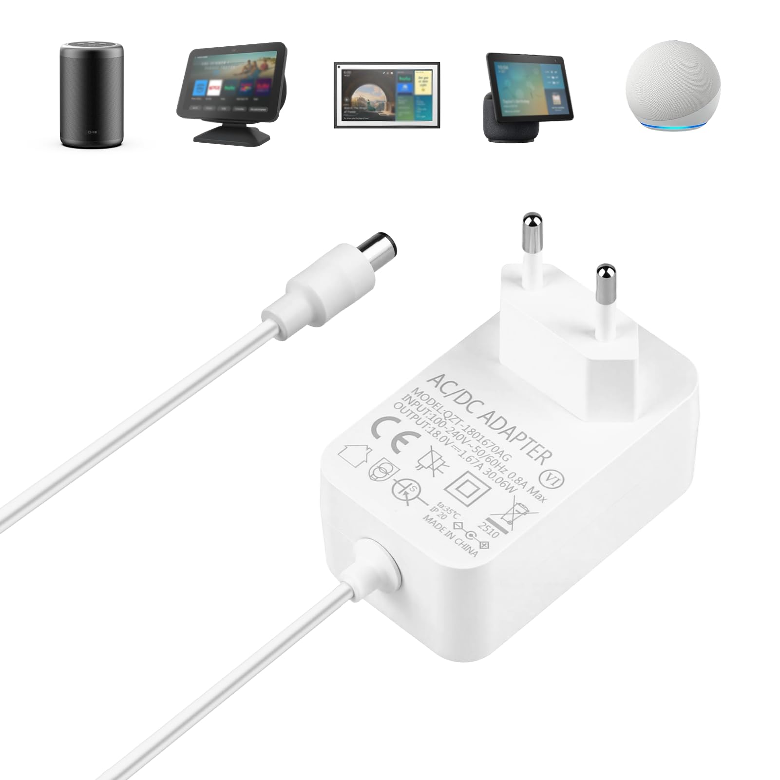 Adaptador de Corriente 30 W para Echo Cargador de Corriente Compatible con Echo Show 8 10 15 Echo 3e/4ª Generación Echo Plus 2ª Gén Alimentación 18 V 1,67 A Cable de 1,5 m