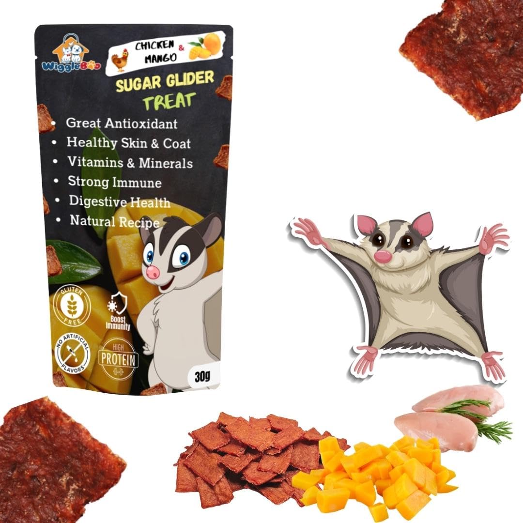 WiggleBoo Chicken & Mango Suger Glider Treat | Protein Rich | Fiber Rich | Crunchy Healthy Snacks | Training Treat | 30gm, All Life Stages, chips