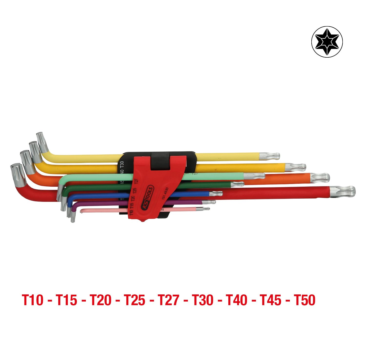 KS Tools 151.4530 Jeu de torx à tête sphérique, extra long et coudé à 108° | Jeu de clés mâles coudées TORX à tête sphérique, extra-longues et coudées à 108°, 9 pcs.