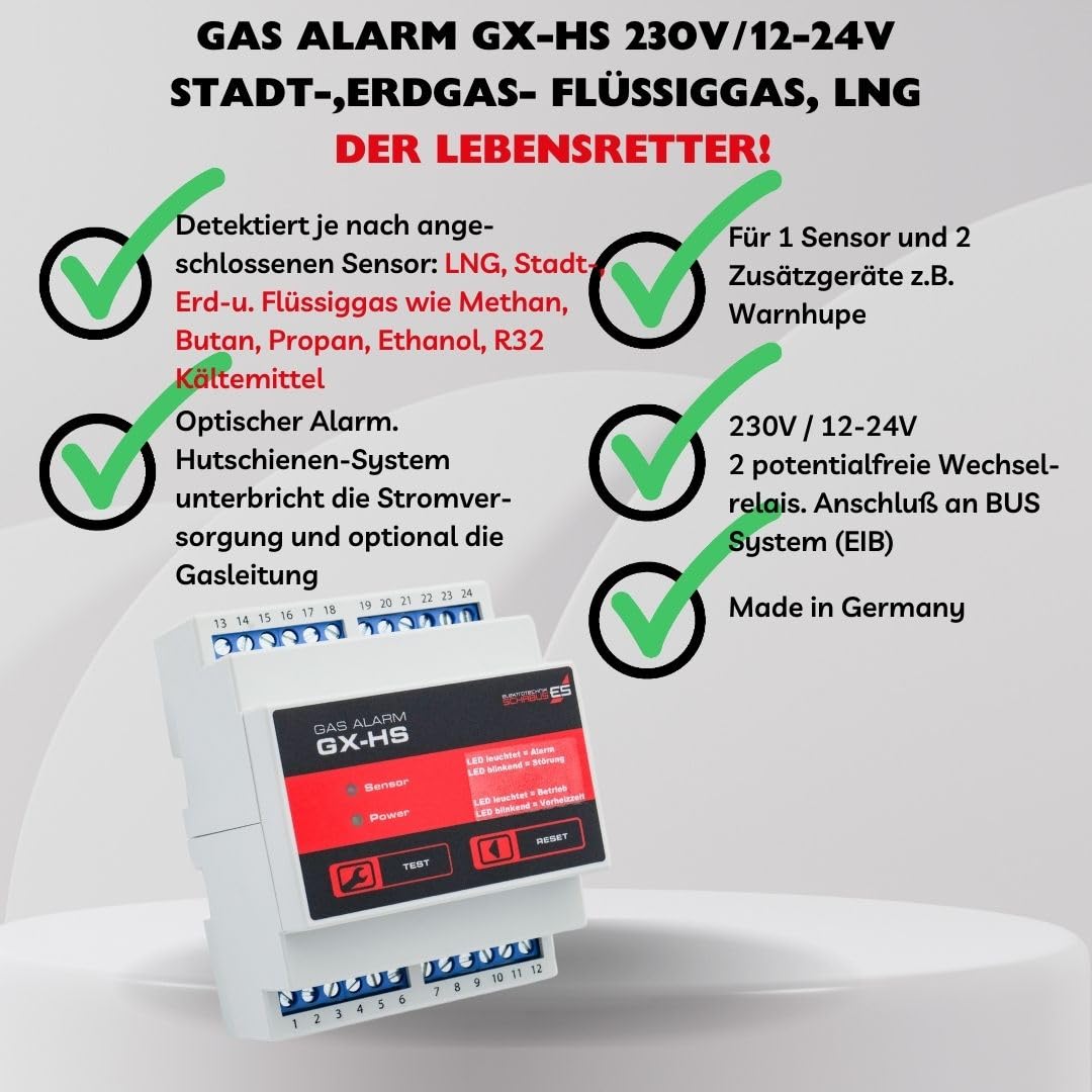 Schabus 400200 GX-HS Rilevatore di gas e monossido di carbonio alimentato a rete metano, butano, propano, etanolo, 1 W, 240 V, multicolore