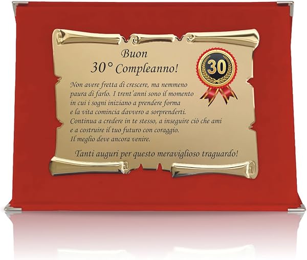 Targa Compleanno con Pergamena – Targa Celebrativa in Cofanetto Velluto – Idea Regalo Elegante per Compleanno e Ricorrenze – Targa Ricordo (Rosso, 30 Anni) - 1