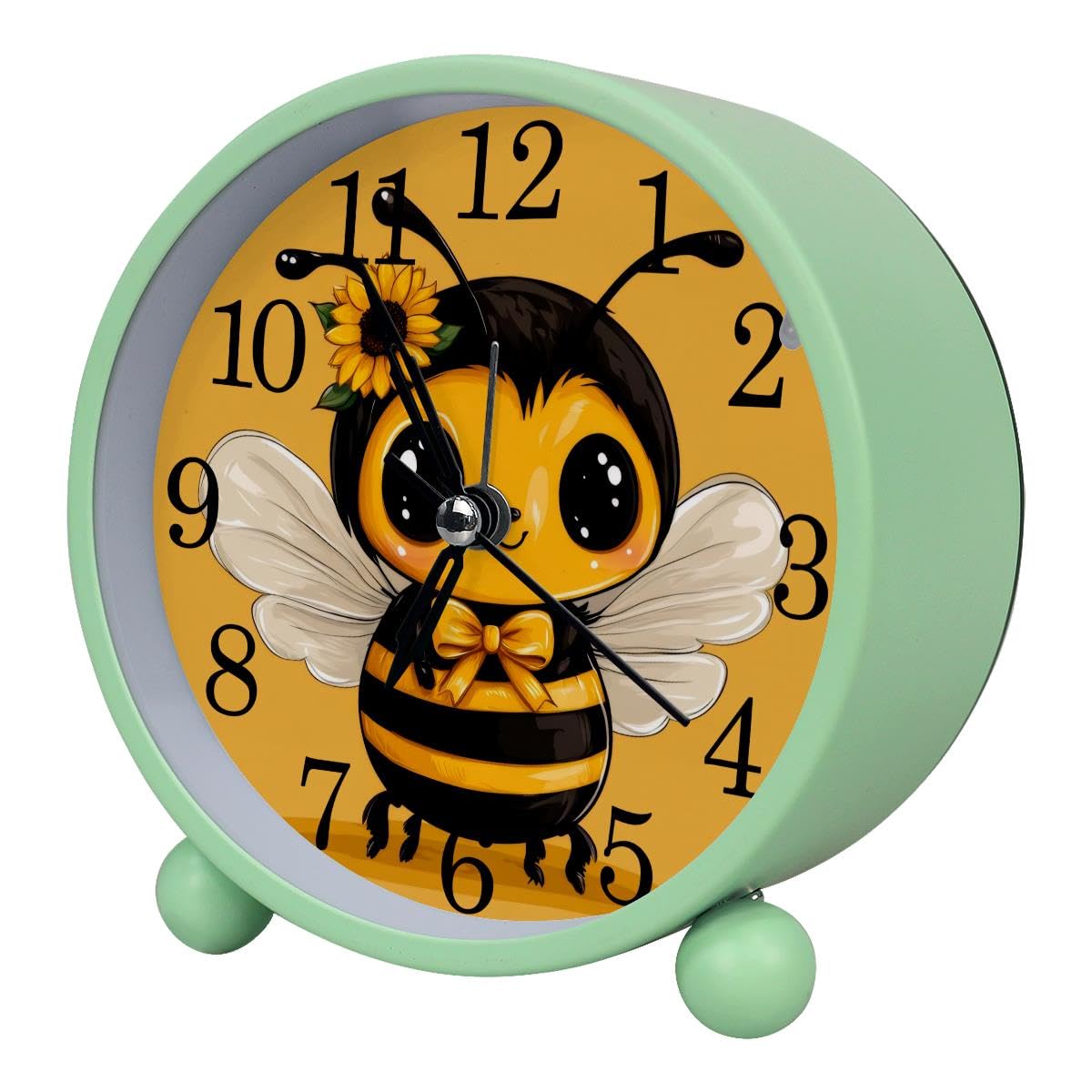 Luoweisi Alarm Clock Cartoon Bee, Silent Non-Ticking with Night Light, Round Metal Alarm Clock for Office, Battery Operated, Bedroom, Elderly, Adults, Children, Student Gifts