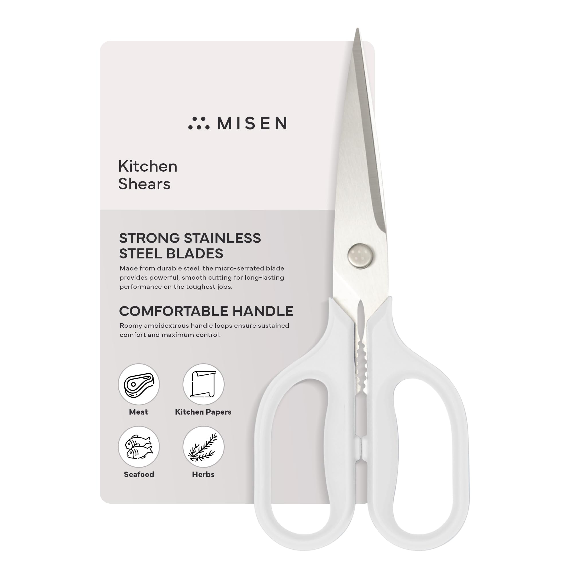 Misen Heavy Duty Kitchen Shears - Comfortable Ambidextrous Scissors for Meat, Poultry, Herbs & More - Easy to Clean - German Stainless Steel - Large | White