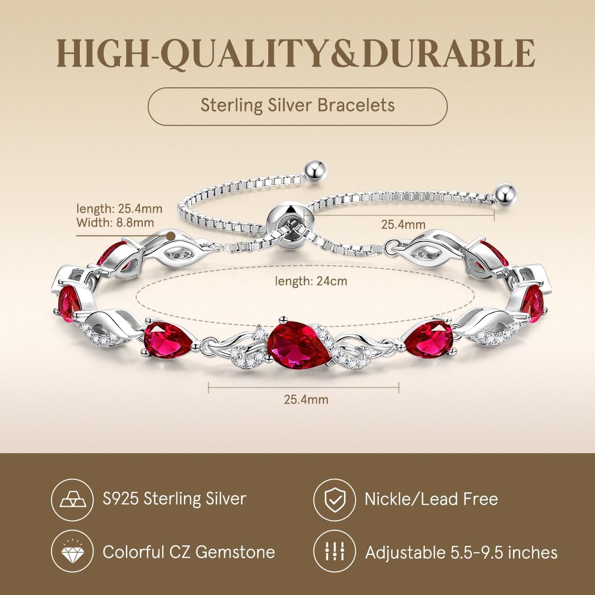 FANCIME Birthstone Teardrop Tennis Bracelet for Women, Sterling Silver 9x7mm main Gemstone Bolo Adjustable Chain Bracelet Fine Jewelry Birthday Gifts for Women Mom Wife Her - Image 5