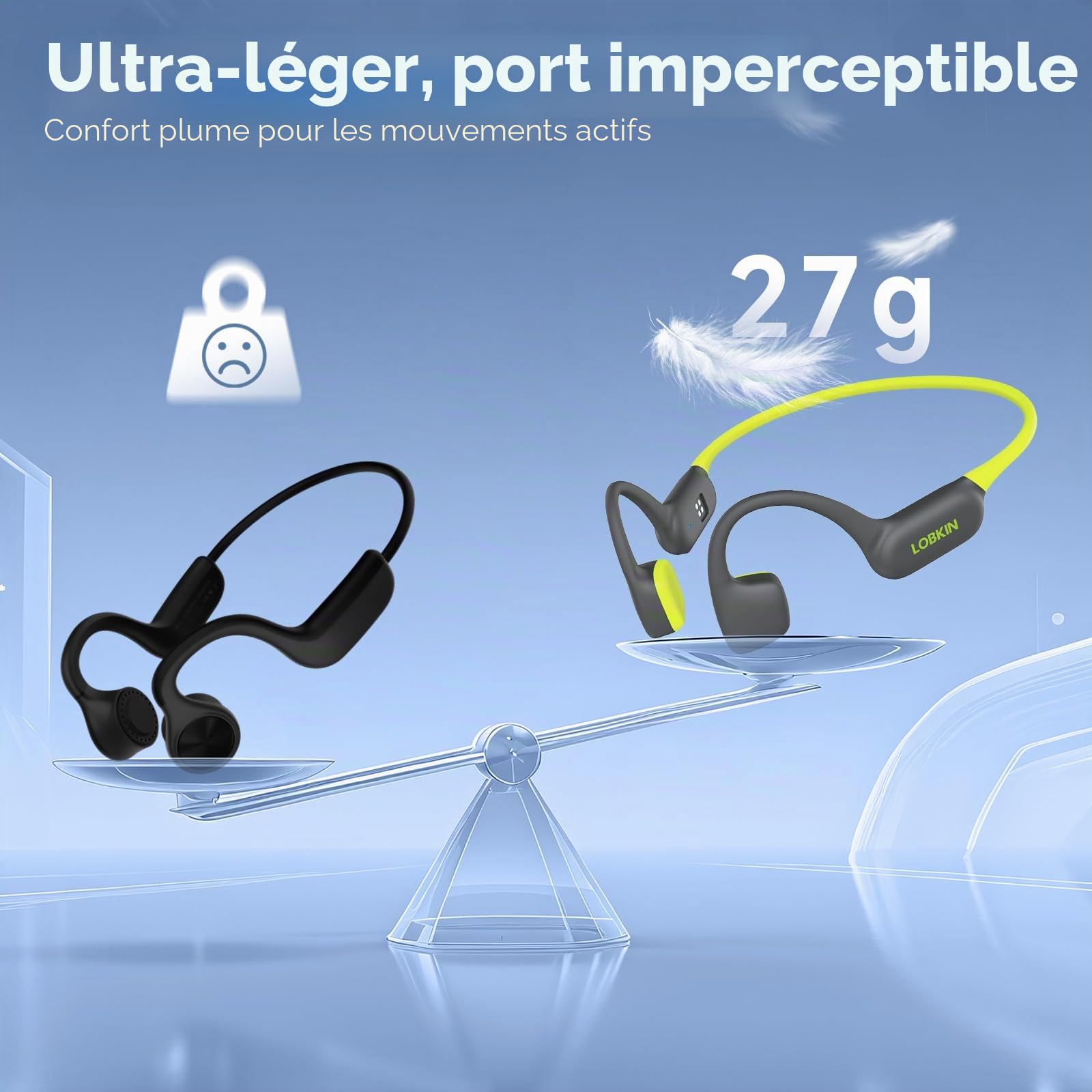 LOBKIN Écouteur pour Natation, Étanche IPX8 Casque à Conduction Osseuse Bluetooth 5.4 Oreille Ouverte Casque sans Fil avec Lecteur MP3 32 Go et Micro Intégré, 8H d'Autonomie