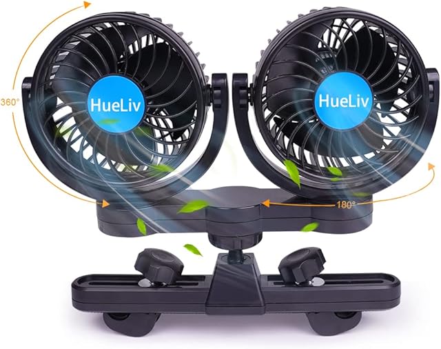 HueLiv Car Fan 12V Brushless for Rear Seat Passenger with Cigarette Lighter,Electric Cooling Fan with 360°Rotatable Dual Head,Powerful Silent, Summer Cooling for Car Truck Van SUV RV Boat