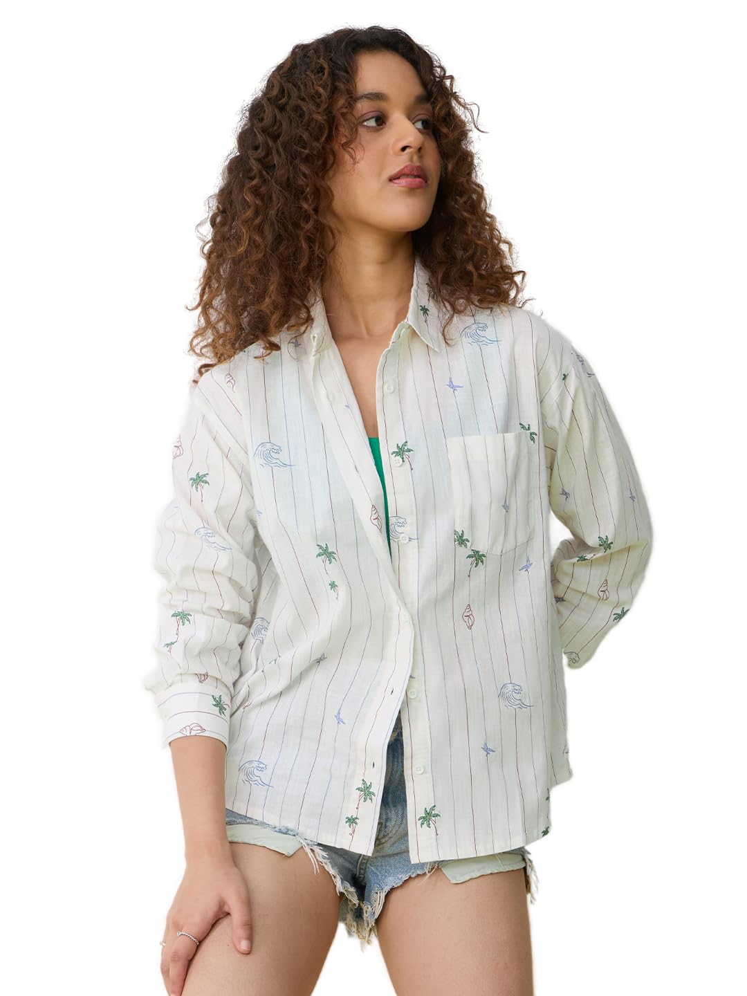 the souled store Beach Stripes Women and Girls Full Sleeves Spread Collar Off White Printed Cotton Oversized Fit Lightweight Summer Ready Shirt for Casual Wear-picture-31