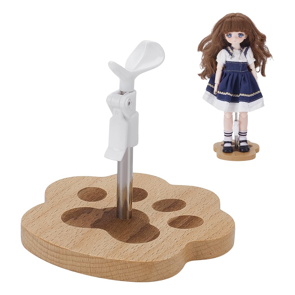 FINGERINSPIRE Plastic Doll Stand 10x11x10cm White Doll Support with BurlyWood Color Wood Paw Print Base for Models Action Figures Adjustable Dolls Organizer Display Bracket Dolls Holder for Home Decor