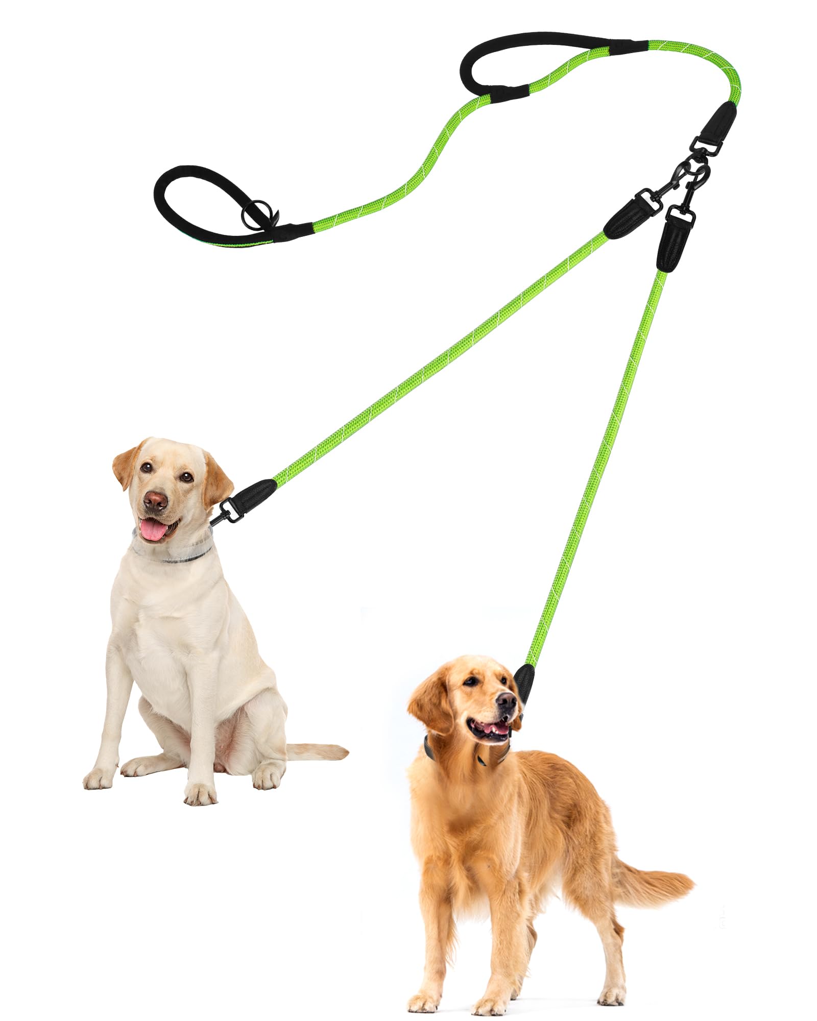 PetBonus Rope Double Dog Lead, No Tangle Dual Lead, Reflective Walking Training Leash with Two Comfortable Padded Handles