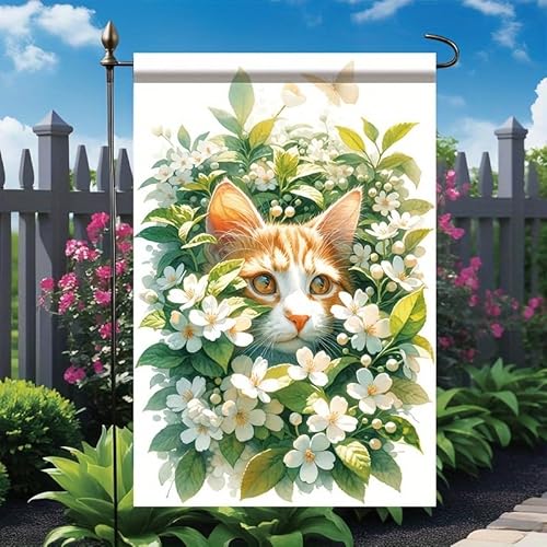 Tomhong Spring Cat Garden Flag 12x18 Inch Double Sided Outdoor Cute Orange Cat with White Flowers YardBanner for Lawn Patio Porch Garden Spring Summer Floral Decoration Home Outdoor Flag