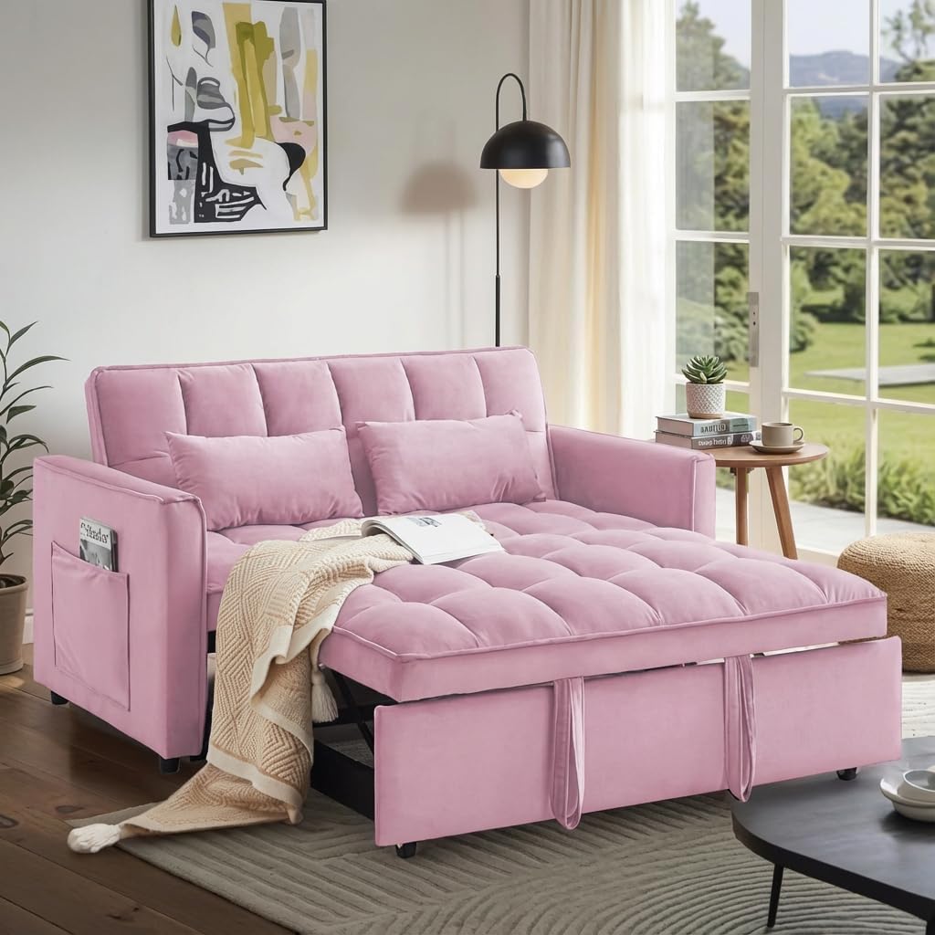 Convertible Sofa Bed, Pull Out Couch with Side Pockets, 3 in 1 Velvet Fabric Loveseat Sleeper Sofa Bed, Pull Out Couch with Adjustable Backrest for Living Room, Bedroom, Apartment, Pink