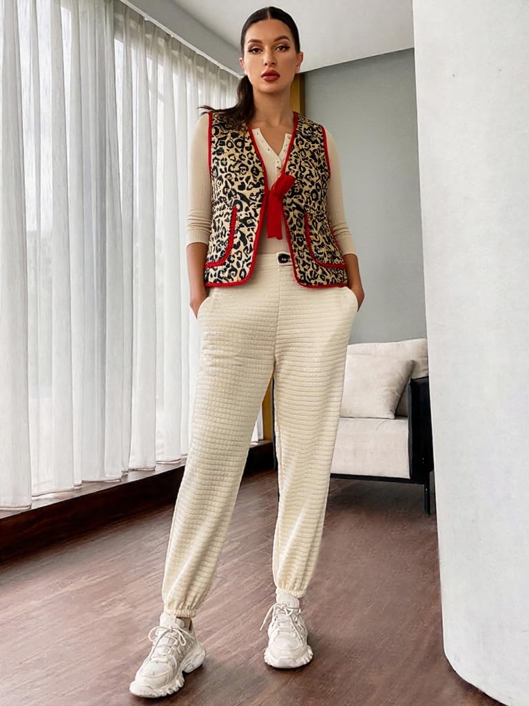 Women’s Printed Quilted Vest – Front Tie Sleeveless Jacket with Leopard, Bow, and Floral Patterns, Front Pockets