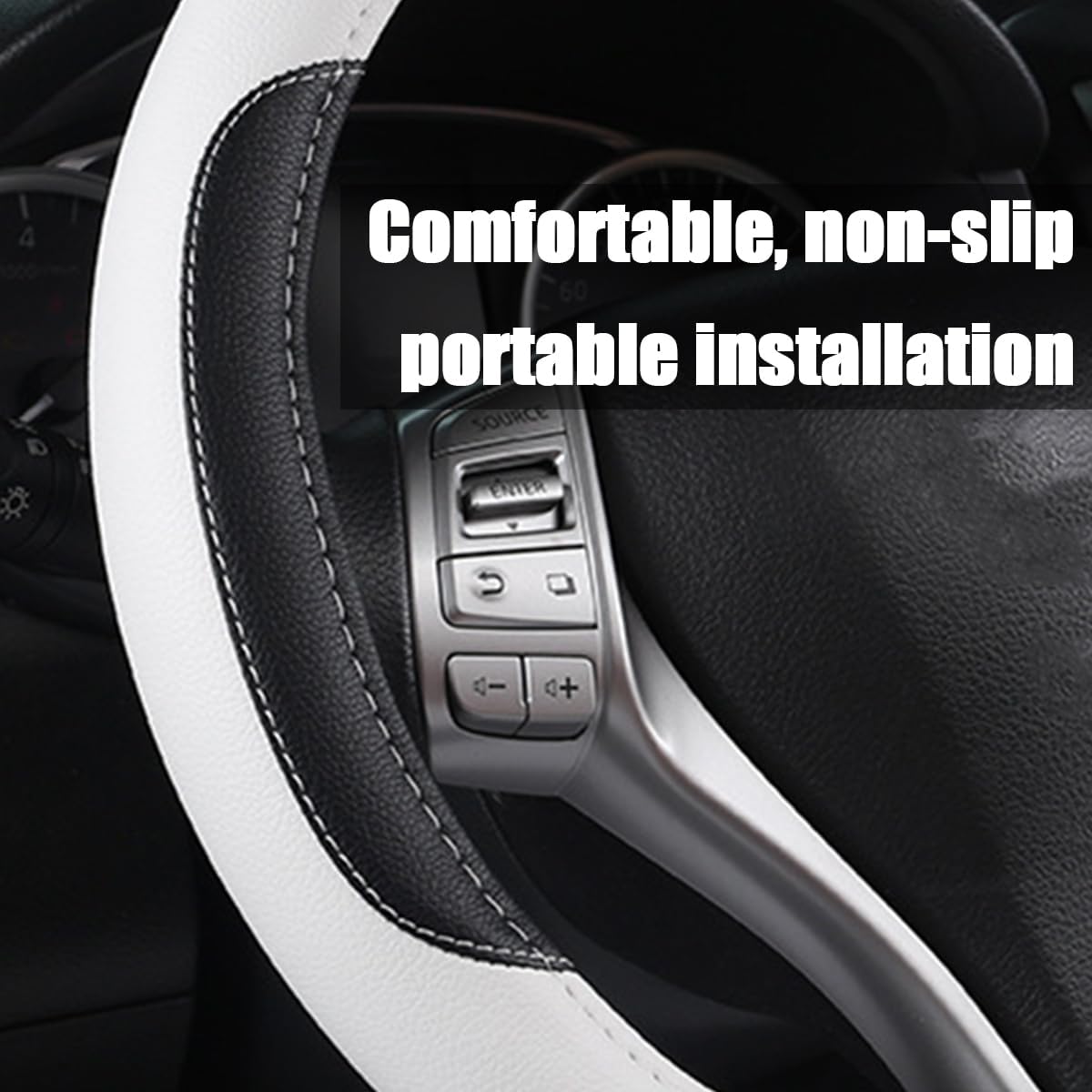 BELOMI Leather Car Steering Wheel Cover, Universal 15 Inch for Car Truck SUV, Non-Slip and Breathable, Sport Style Design Odorless Steering Wheel Protector, Automotive Interior Accessories (White) - Image 3