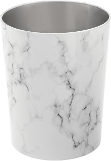 mDesign Mirri 1.7 Gallon Round Stainless Steel Trash Can - White Marble Wastebasket for Bathroom, Kitchen, Bedroom, Office