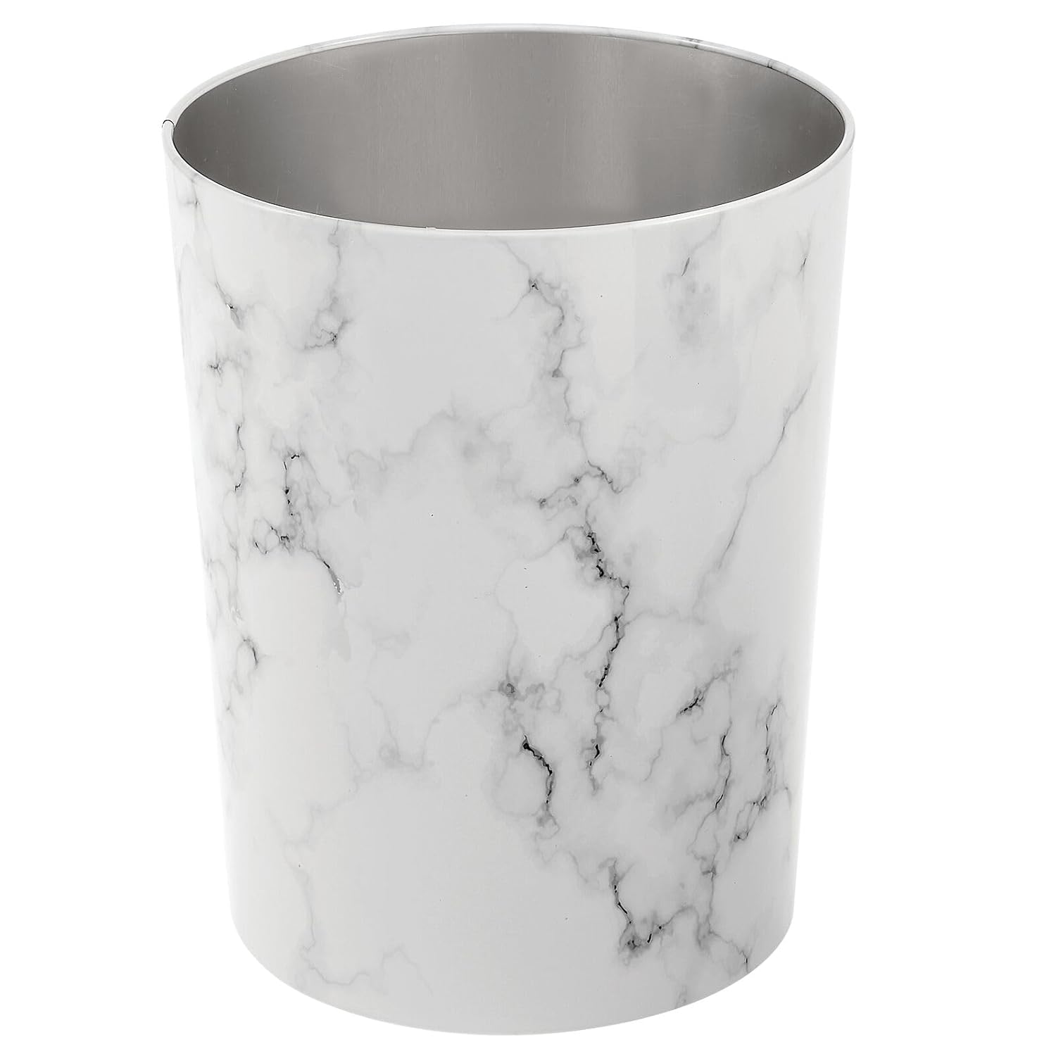 mDesign Mirri 1.7 Gallon Round Stainless Steel Trash Can - White Marble Wastebasket for Bathroom, Kitchen, Bedroom, Office