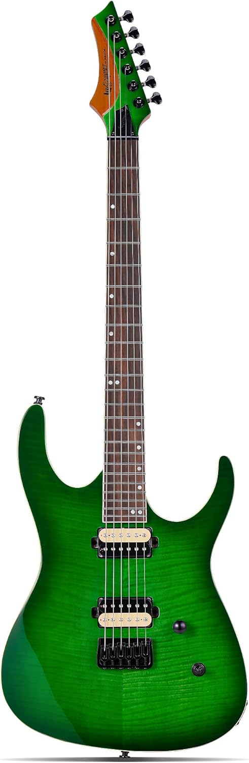 Leo Jaymz Electric Guitar Monsoon Series,Reverse Headstock,Mahogany Body,Roasted Maple Neck,Rosewood Fretboard,Locking Tuners,Rounded End Frets (Green Flame)
