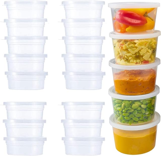 50 Pack Small Containers with Lids for Storage Slime Containers Sauce Pots Plastic Leakproof Food Cups for Jars, Dips, Salads, Chutney, Restaurants, Takeaway, Catering (4oz/100ml)