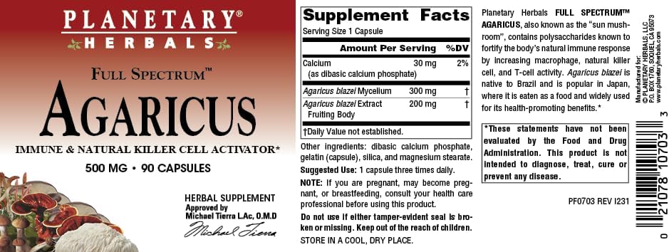 Miniatura 4 de Planetary Herbals Agaricus Full Spectrum 500 mg, activador de células asesinas inmunes y naturales, 90 cápsulas