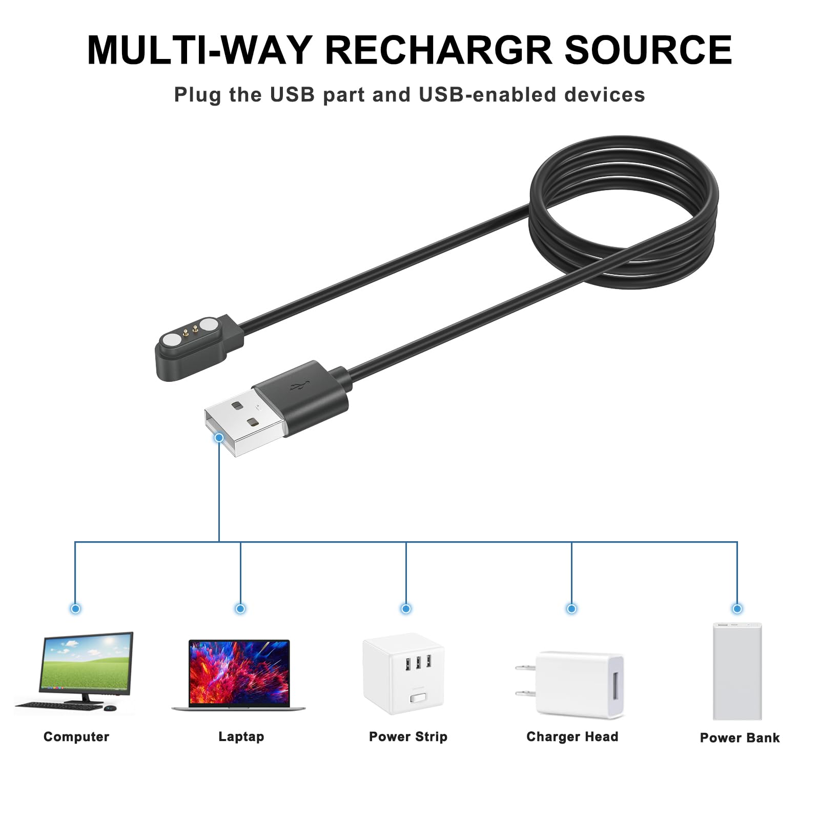 Zoye Blackview Replacement Charging Cable R1, R3, R30, R3Pro, R8, R9 Smartwatch, USB Magnetic Charging Cable(USB_A 1 Pack) - Image 4