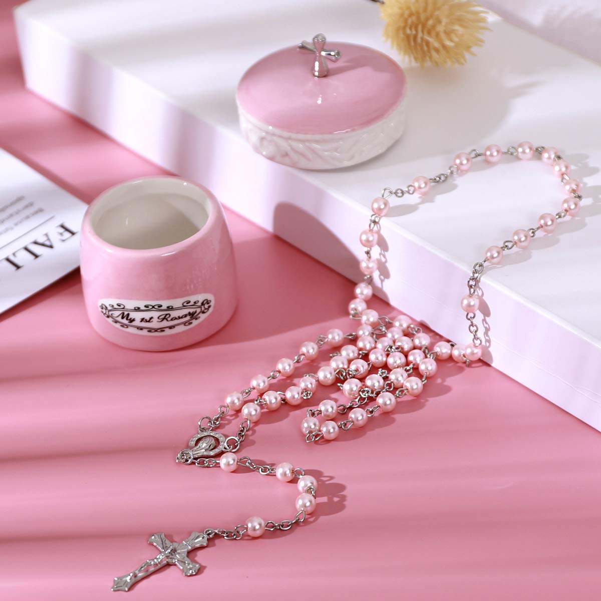 My First Rosary Cross for Girl Keepsake Box and Rosary Gifting Set, Pink