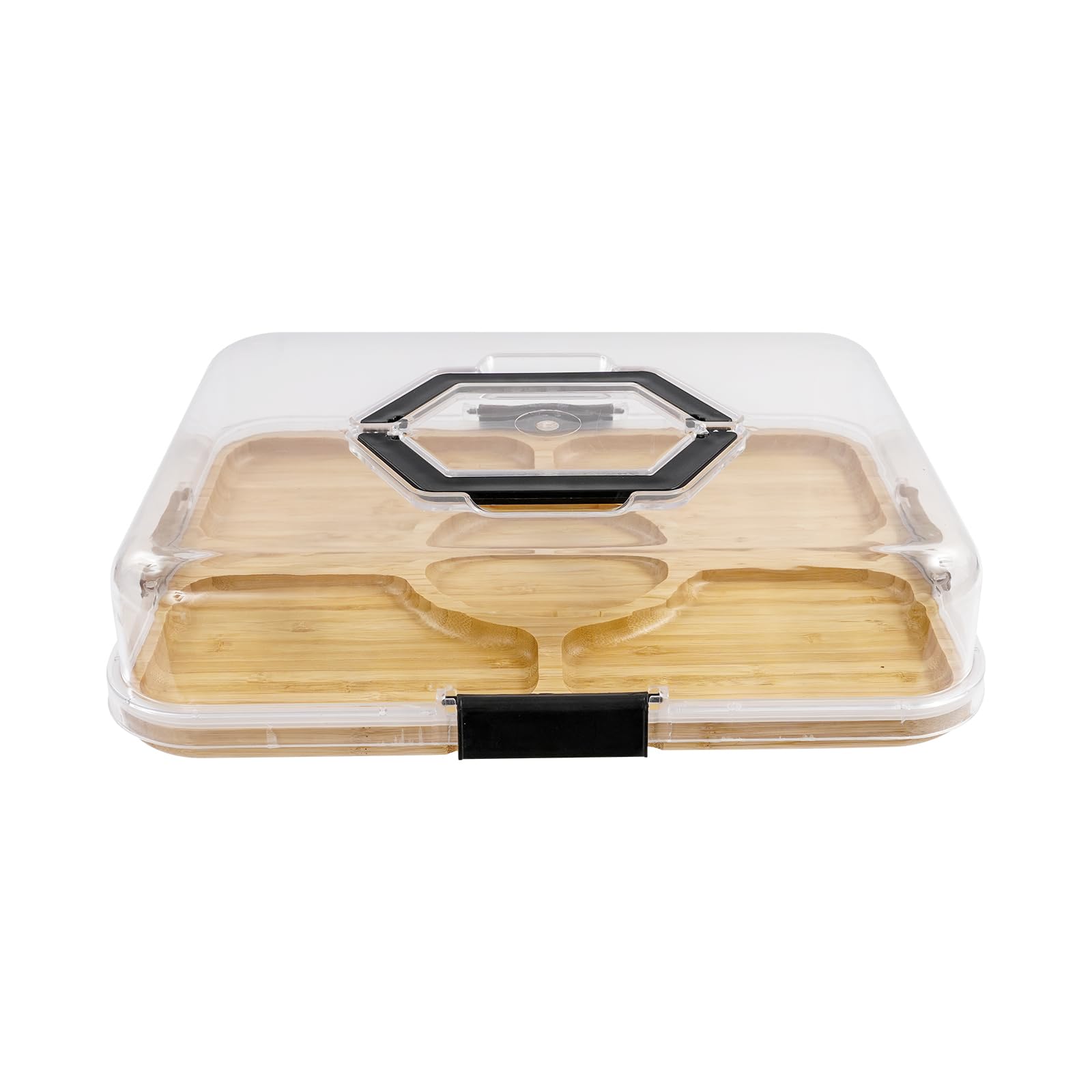 2 tablas de queso con tapa, bandeja para servir a madera de bambú, bandeja multifuncional con asa, tabla de charcutería para comida familiar, reunión, picnic, 35,3 x 28,3 cm (5 cuadrículas)