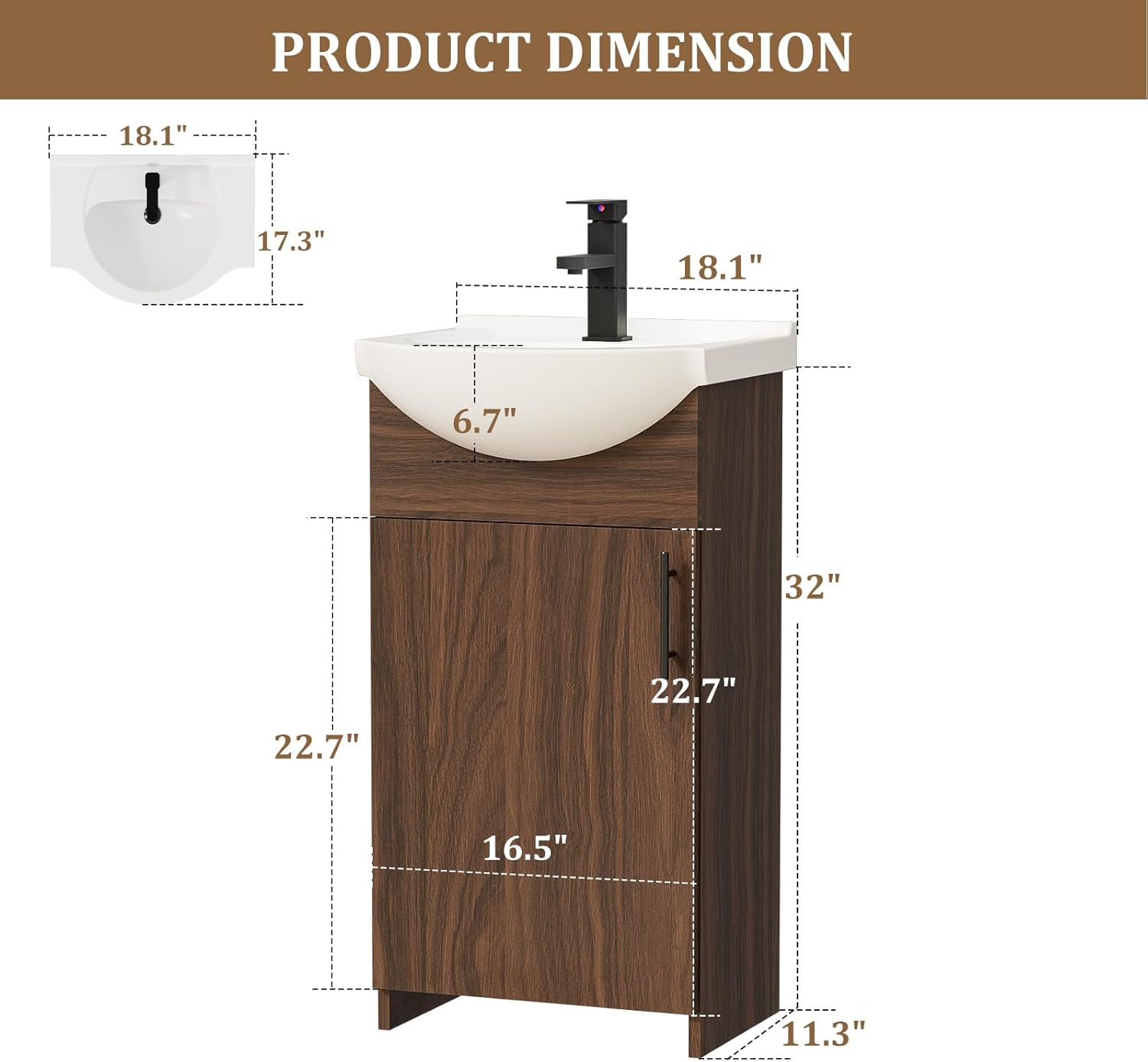 LUCKWIND 18 Inch Bathroom Vanity with Ceramic Belly Bowl Sink, Laundry Sink Cabinet Set, Bathroom Vanity Combo, Ceramic Utility Sink for Laundry, Bathroom, Utility Room, Kitchen (Walnut Brown)