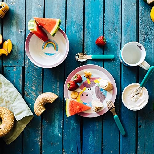 BIOZOYG - Tableware Set for Children Made of Porcelain - 3 Piece Breakfast Set, Dishwasher Safe, with White Plate Cup Bowl, Kids Gift Ideas, Funny Dinnerware for Children, Unicorn
