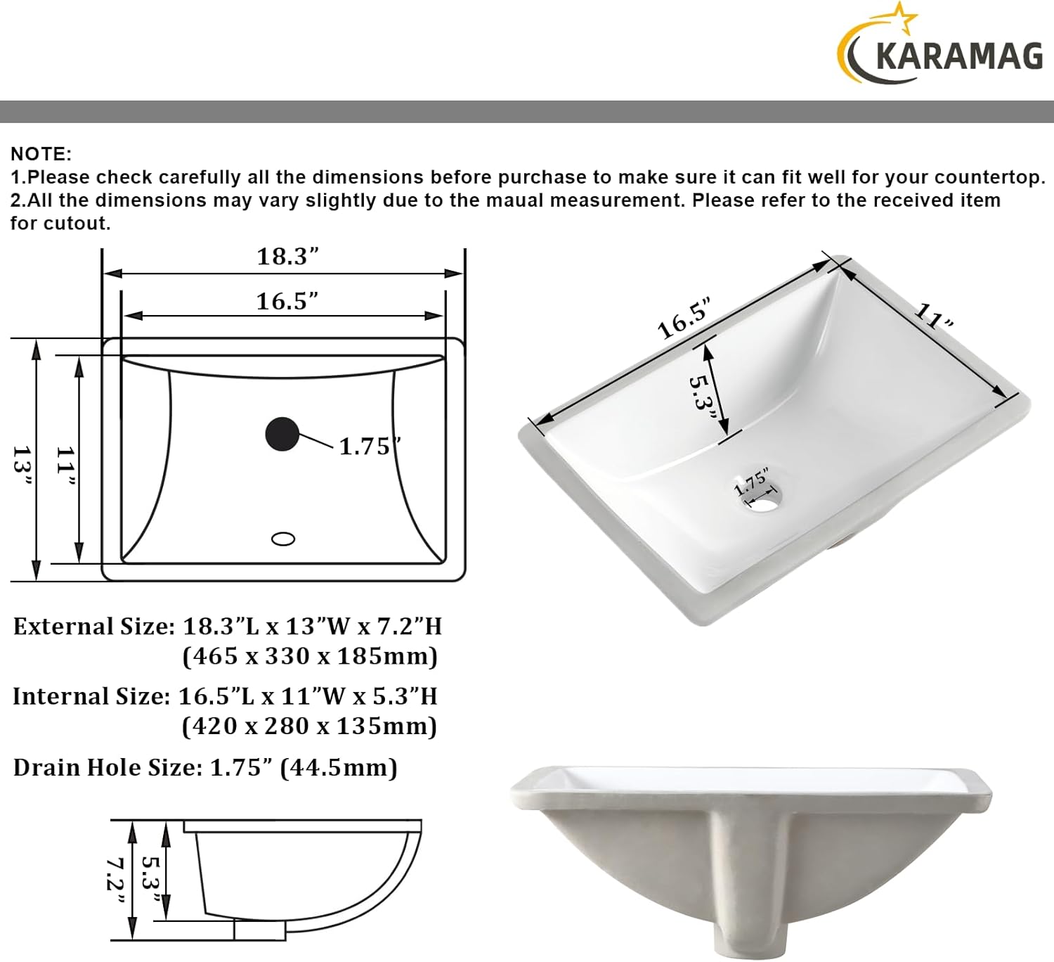 Durable Rectangle Undermount Sink Vitreous Ceramic Lavatory Vanity Bathroom Restroom Sink Pure White (18.3"X13.0")