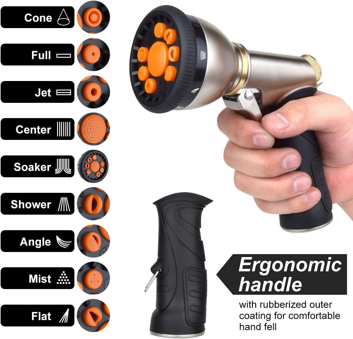 Garden Hose Nozzles 9 Adjustable Patterns Hose Spray Nozzle Heavy Duty Metal Hose Nozzle Spray Gun Slip Resistant Water Sprayer for Cleaning/Watering Lawn Garden/Pets Shower/Car Washing