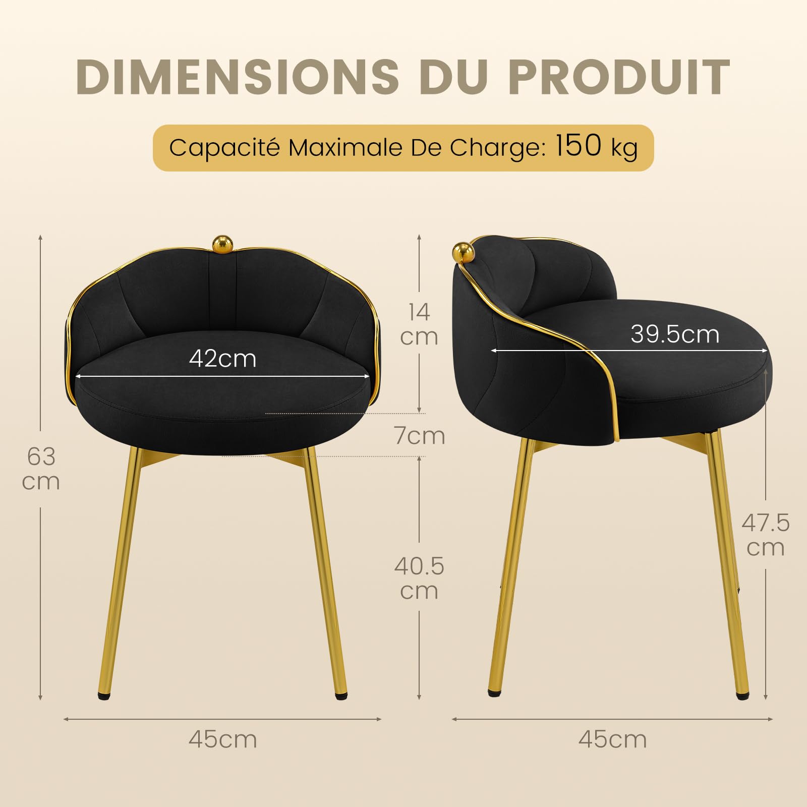 Hellove Tabouret Coiffeuse Samt avec Pieds en Métal Doré, Chaise de Maquillage Moderne Rond, Pouf Coiffeuse avec Dossier Courbé et Assise Rembourrée, Sièges de Coiffeuse pour Adulte, Noir
