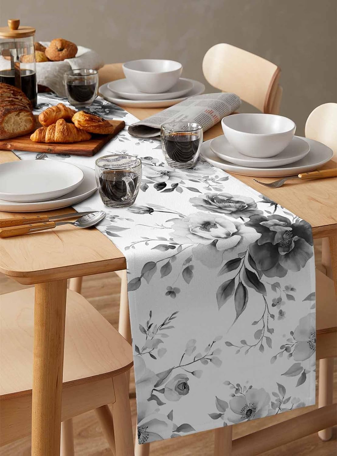 Cotton Linen Table Runner Watercolor Ink Flowers Dresser Scarf Abstract Color Gradient Floral 13"x90" Kitchen Dinning Table Runners Decor for Indoor Outdoor Party Holiday Wedding Black White Grey