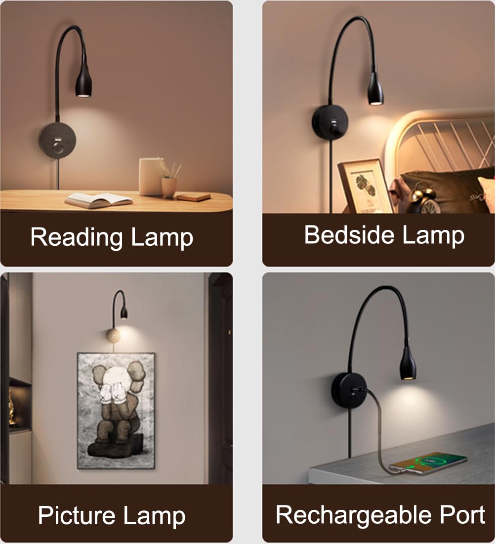 Lámpara de Lectura de Pared con Cuello de Cisne e Interruptor, lámpara de Cama LED de Pared, Regulable táctil con Puerto de Carga USB, luz Ajustable de 3000 a 6000 K, luz de Lectura de Pared para
