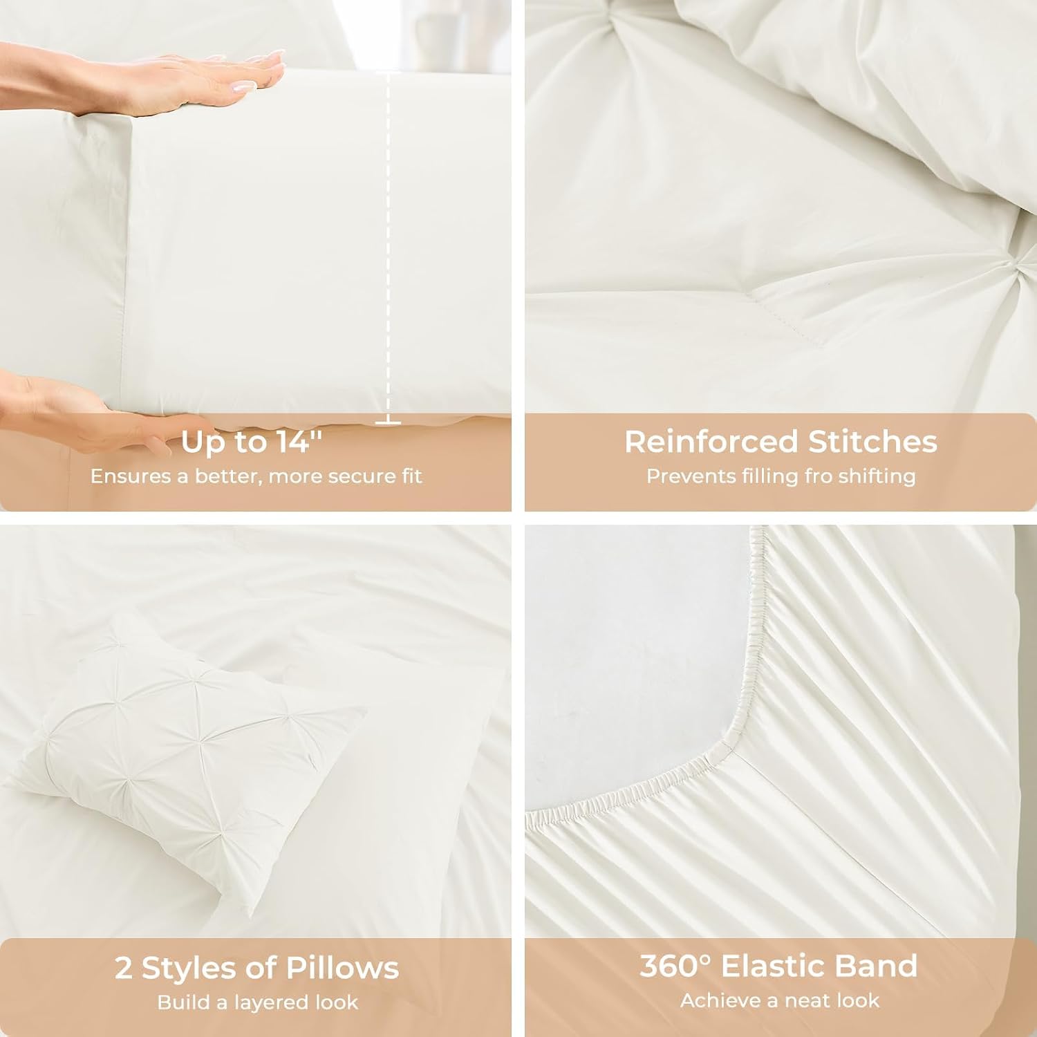 Sasttie Twin Comforter Set, 5-Piece Bed in a Bag, Pintuck Bedding Sets for All Season, Includes Comforter, Flat Sheet, Fitted Sheet, Pillowcase and Pillowsham, Ivory thumbnail
