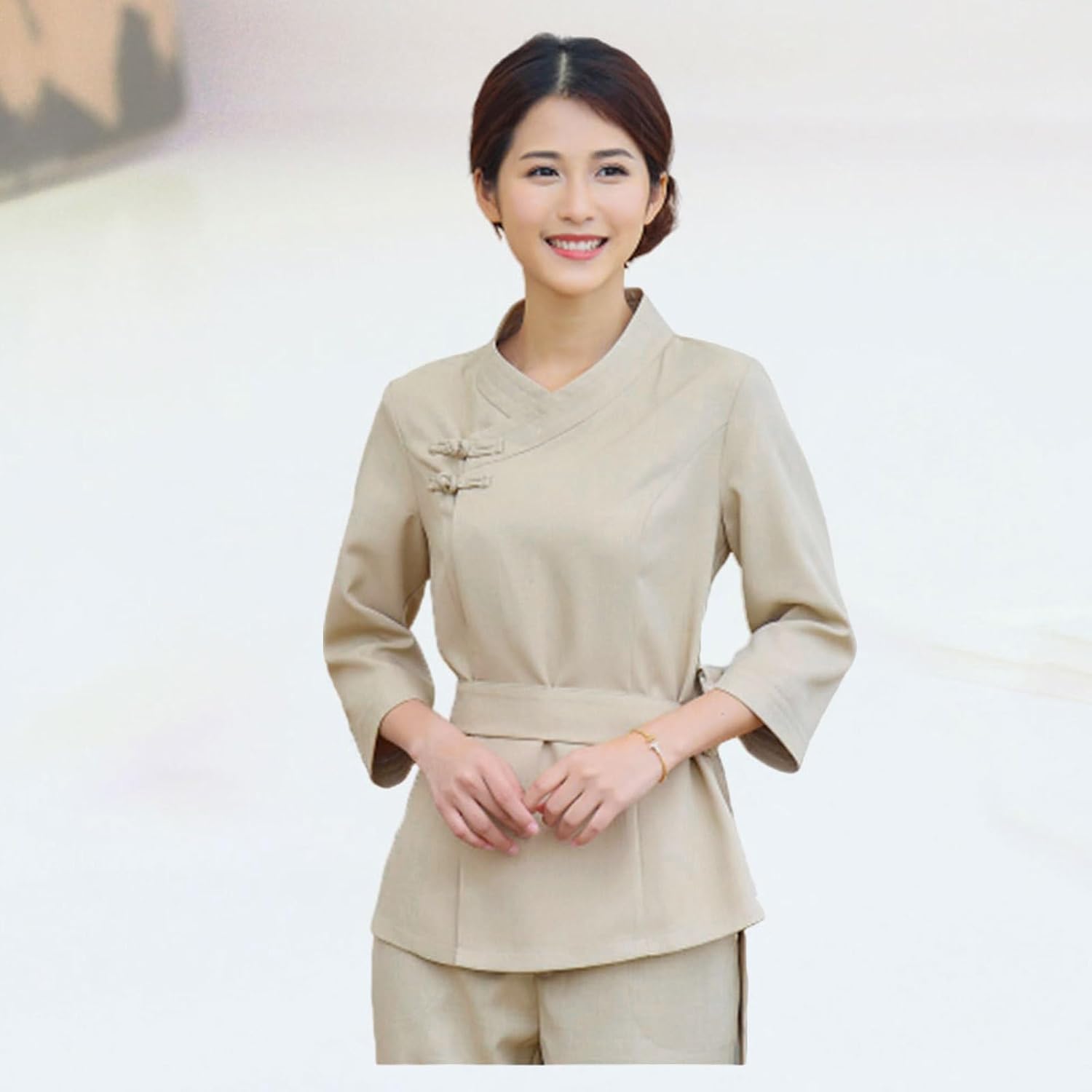 Comfortable Beige Beauty Technician Overalls with Waist Strap Design and Neat Neckline, Polyester Spandex Salon Uniform for Spa and Hair Dyeing, Classic Fit Suit for Women Convenient and clever