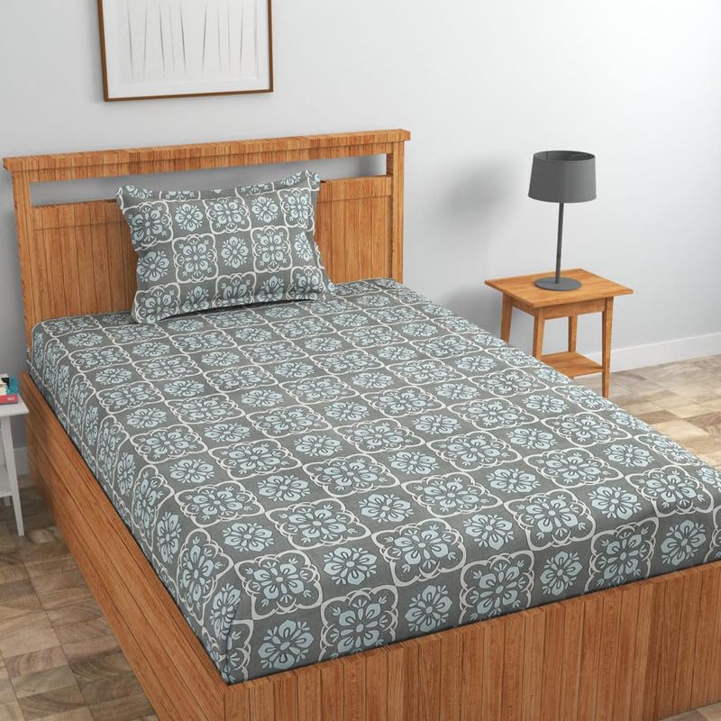 Image of Cotton 210 tc Flat Single | Diwan | Single Mattress Coat Bed Bedsheets for Summer Winter Breathable | Wrinkle Free (Size-60 X 90 Inch) with 1 Pillow Cover 60 x 90 Inches, Floral, Grey