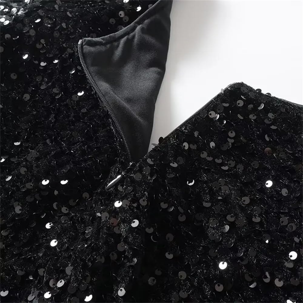 Fulbant Vestido de fiesta con lentejuelas para mujer, cuello corazón, manga larga, ajustado, vestido corto acampanado