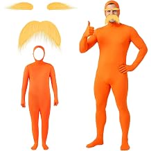 Seifar Orange Bodysuit with Yellow Eyebrows and Mustache, Halloween Orange Costume for Halloween Party Cosplay Makeup Party
