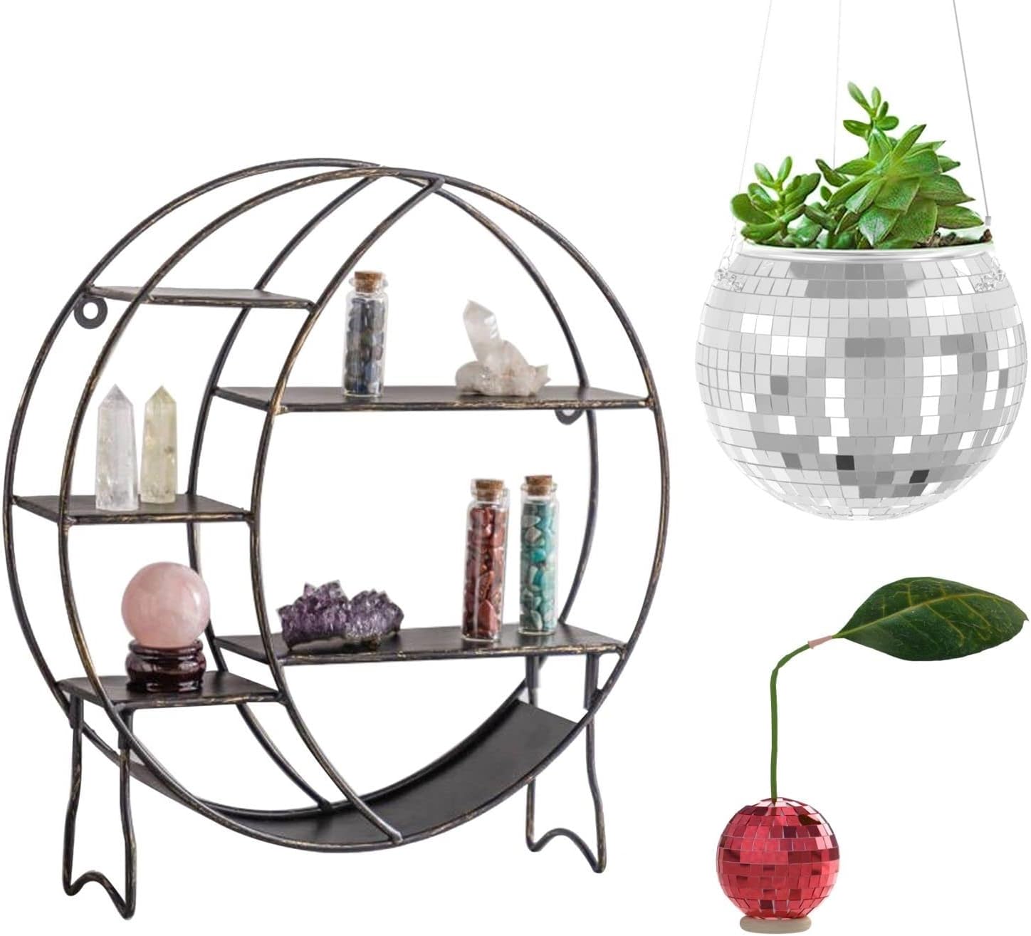 Apresolar Disco Ball Planter Set & Black Moon Shelf for
