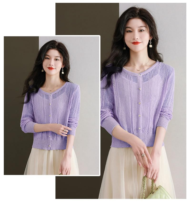 Cardigan Mujer, Cárdigan De Verano para Mujer, Cárdigan De Manga Larga, Blanco, Cuello Redondo, Botones, Crochet Hueco, Chaqueta De Punto Transparente, Abrigo De Primavera Informal, Cort