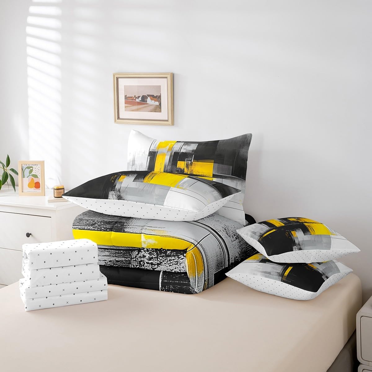 7 Pieces Geometric Comforter Set Queen Size, Abstract Lattice Bedding Set for Kids Boys Girls Room Decor, Yellow Black Grey Bed in a Bag with Comforter, Fitted Sheet, Flat Sheet and Pillowcases